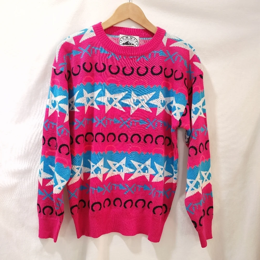 Summit Country Vintage Sweater Wool Blend Pink Blue‎ Western Star Neon Ski Large - Picture 2 of 7